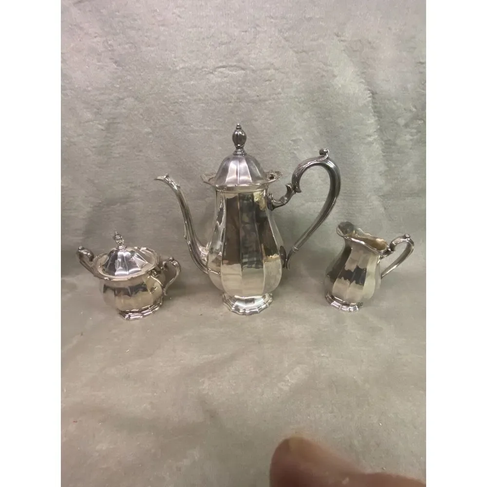 VINTAGE WEBSTER WILCOX 3 PIECE SILVER‎ PLATE TEA SET ENGLISH FLUTES I. S. #8001